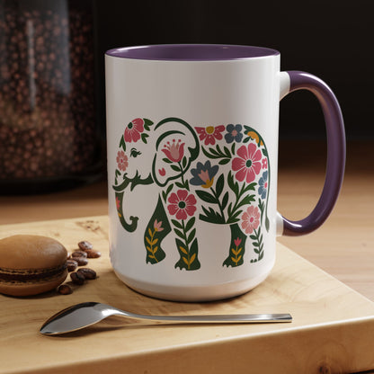 Floral Elephant Accent Coffee Mug | Boho Elephant Ceramic Mug | 11oz & 15oz Color Accent Mug (4271)