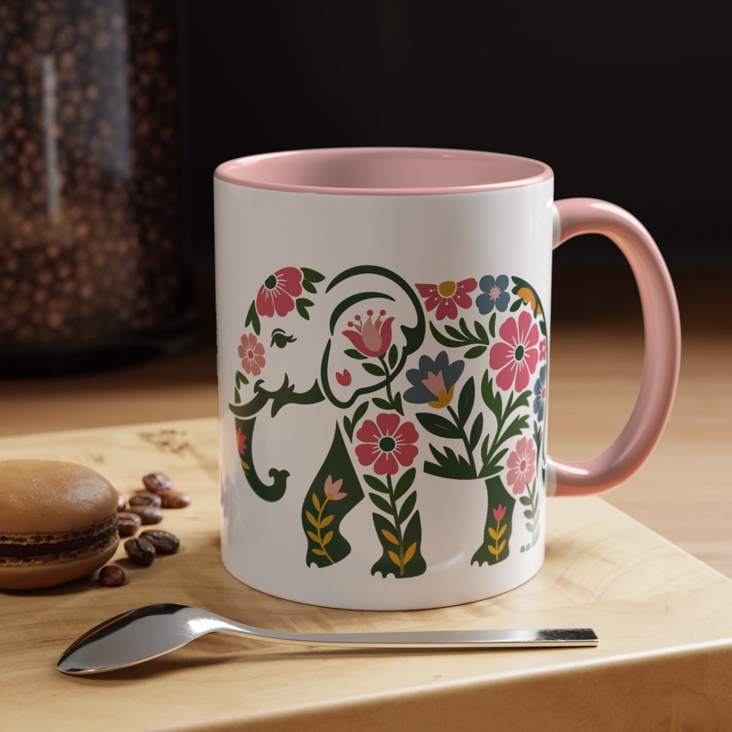 Floral Elephant Accent Coffee Mug | Boho Elephant Ceramic Mug | 11oz & 15oz Color Accent Mug (4271)