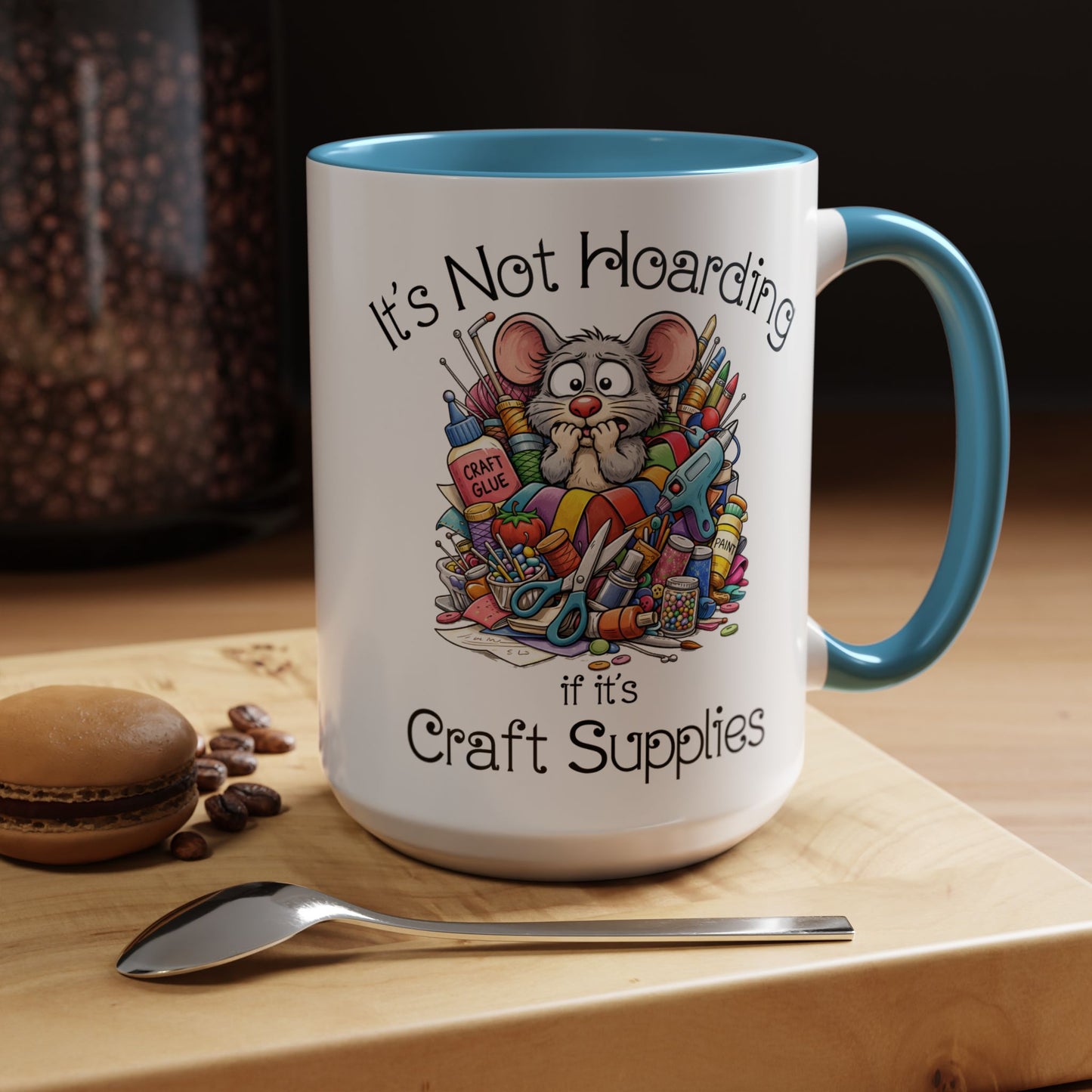 Craft Supply Hoarding Mouse Ceramic Mug | Funny Crafter Color Accent Mug (3857)
