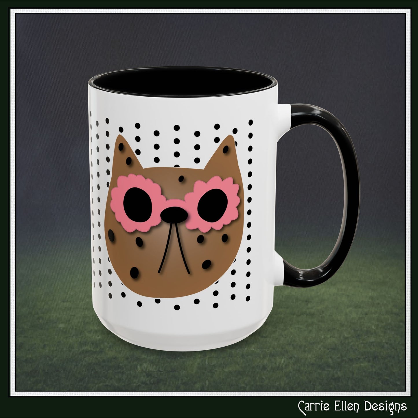 Spotted Cat Mug with Pink Sunglasses Accent Coffee Cup | 11oz 15oz (3812)