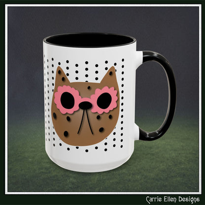 Spotted Cat Mug with Pink Sunglasses Accent Coffee Cup | 11oz 15oz (3812)