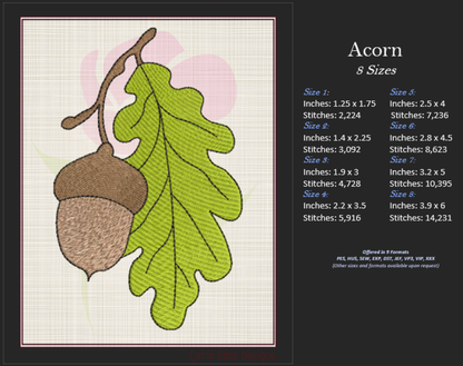 Acorn with Oak Leaf Machine Embroidery Design | Nature Home and Garden Embroidery | Tree and Forest Theme | 8 Sizes (0790)