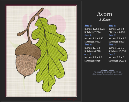 Acorn with Oak Leaf Machine Embroidery Design | Nature Home and Garden Embroidery | Tree and Forest Theme | 8 Sizes (0790)