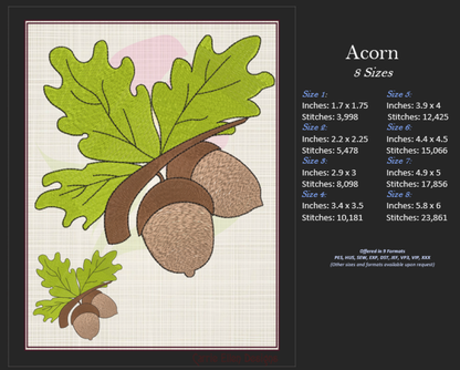 Acorn Machine Embroidery Design Bundle | Acorn and Oak Leaf Nature Designs | 5 Autumn Forest Patterns | 8 Sizes Each (0833)