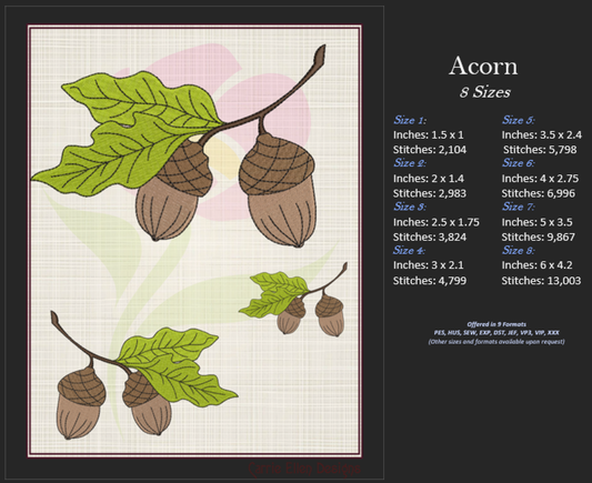 Acorn with Oak Leaf Machine Embroidery Design | Nature Home and Garden Embroidery | Tree and Forest Theme | 8 Sizes (0792)