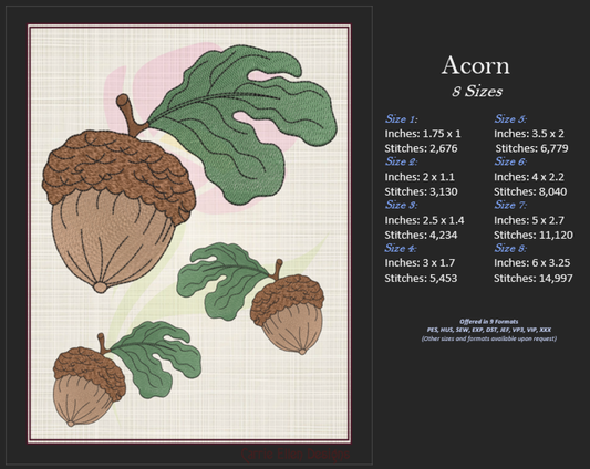 Acorn with Oak Leaf Machine Embroidery Design | Nature Home and Garden Embroidery | Tree and Forest Theme | 8 Sizes (0793)