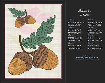 Acorn with Oak Leaf Machine Embroidery Design | Nature Home and Garden Embroidery | Tree and Forest Theme | 8 Sizes (0794)