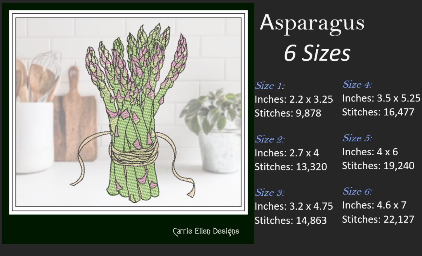 Asparagus Machine Embroidery Design – Organic Garden Vegetable Pattern, Farm-to-Table Kitchen Decor, 6 Sizes (1697)