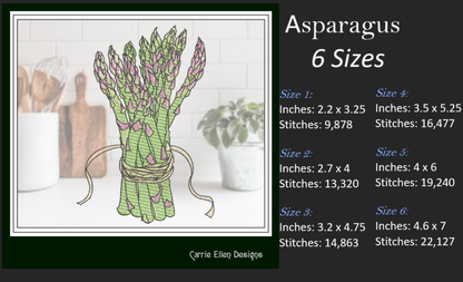 Asparagus Machine Embroidery Design – Organic Garden Vegetable Pattern, Farm-to-Table Kitchen Decor, 6 Sizes (1697)