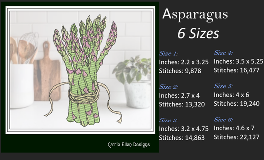 Asparagus Machine Embroidery Design – Organic Garden Vegetable Pattern, Farm-to-Table Kitchen Decor, 6 Sizes (1697)