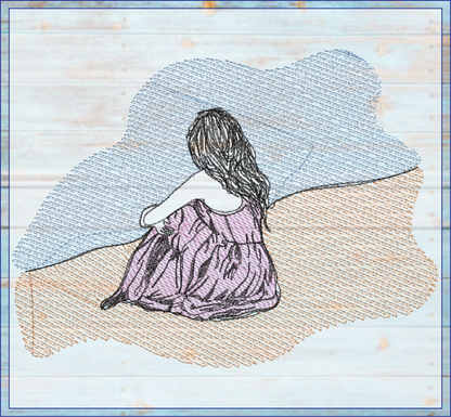 At the Beach Machine Embroidery Design | Girl Sitting in Sand and Waves | Classic Beach Day Sketch Embroidery | Coastal Summer Design | 8 Sizes (0930)