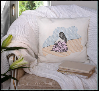 At the Beach Machine Embroidery Design | Girl Sitting in Sand and Waves | Classic Beach Day Sketch Embroidery | Coastal Summer Design | 8 Sizes (0930)