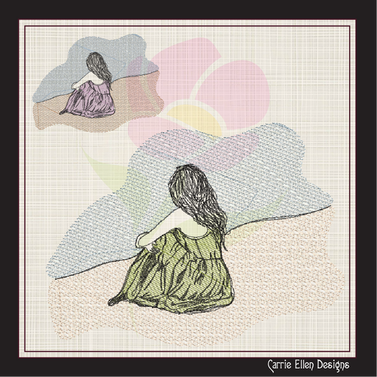At the Beach Machine Embroidery Design | Girl Sitting in Sand and Waves | Classic Beach Day Sketch Embroidery | Coastal Summer Design | 8 Sizes (0930)