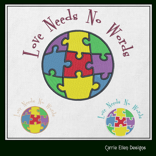 Autism Puzzle Globe Machine Embroidery Design – Love Needs No Words – Autism Awareness Pattern – 6 Sizes (1462)