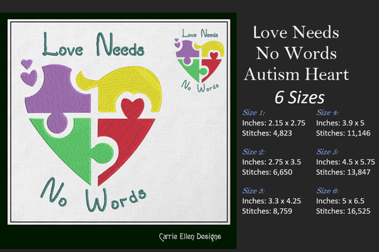 Autism Puzzle Heart Machine Embroidery Design – Love Needs No Words – Autism Awareness Pattern – 6 Sizes (1470)