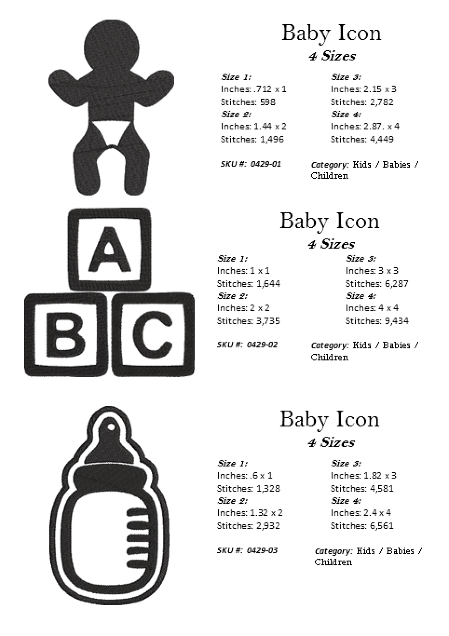 Baby Machine Embroidery Design Icon Bundle | 15 Baby & Newborn Icons, 4 Sizes Each (0429)