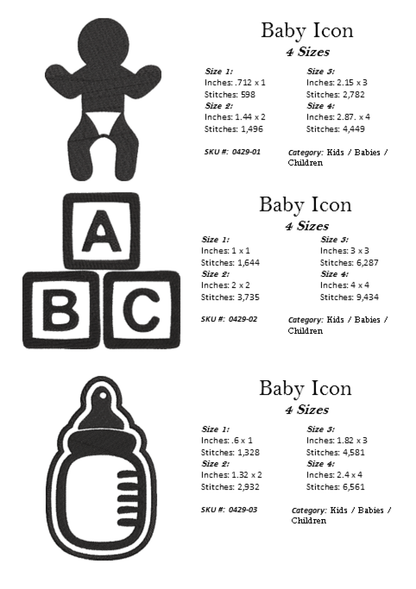 Baby Machine Embroidery Design Icon Bundle | 15 Baby & Newborn Icons, 4 Sizes Each (0429)