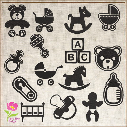 Baby Machine Embroidery Design Icon Bundle | 15 Baby & Newborn Icons, 4 Sizes Each (0429)
