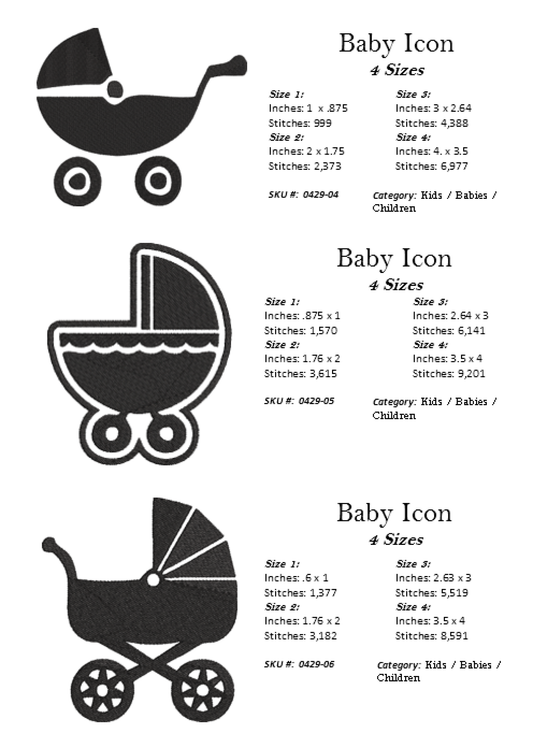Baby Machine Embroidery Design Icon Bundle | 15 Baby & Newborn Icons, 4 Sizes Each (0429)