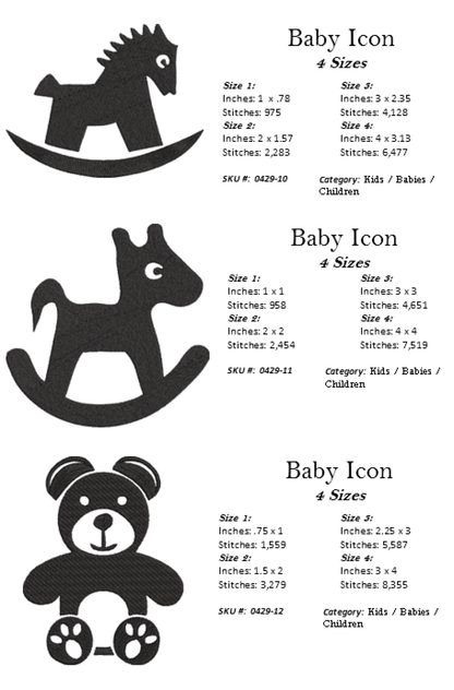 Baby Machine Embroidery Design Icon Bundle | 15 Baby & Newborn Icons, 4 Sizes Each (0429)