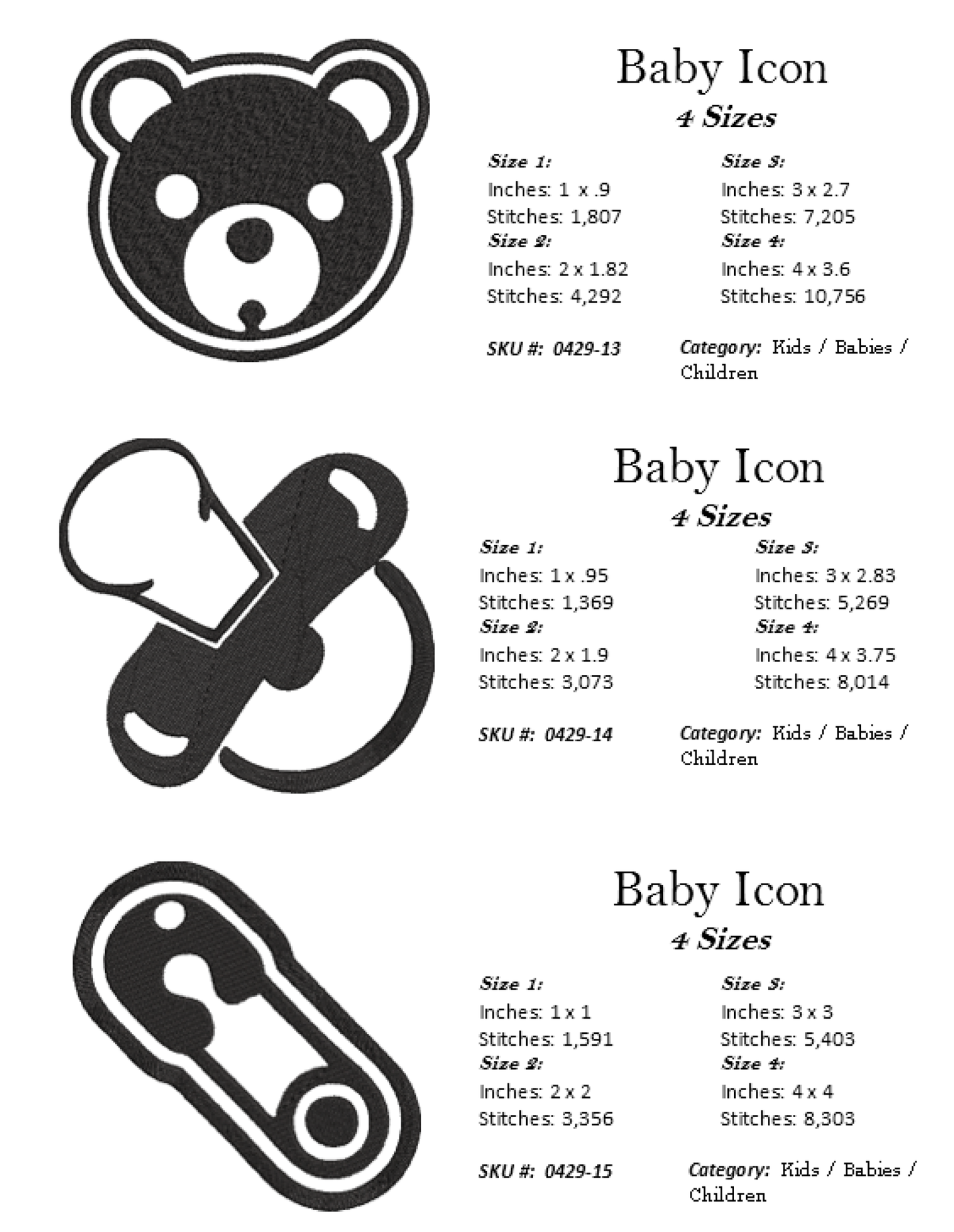 Baby Machine Embroidery Design Icon Bundle | 15 Baby & Newborn Icons, 4 Sizes Each (0429)
