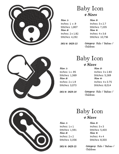 Baby Machine Embroidery Design Icon Bundle | 15 Baby & Newborn Icons, 4 Sizes Each (0429)