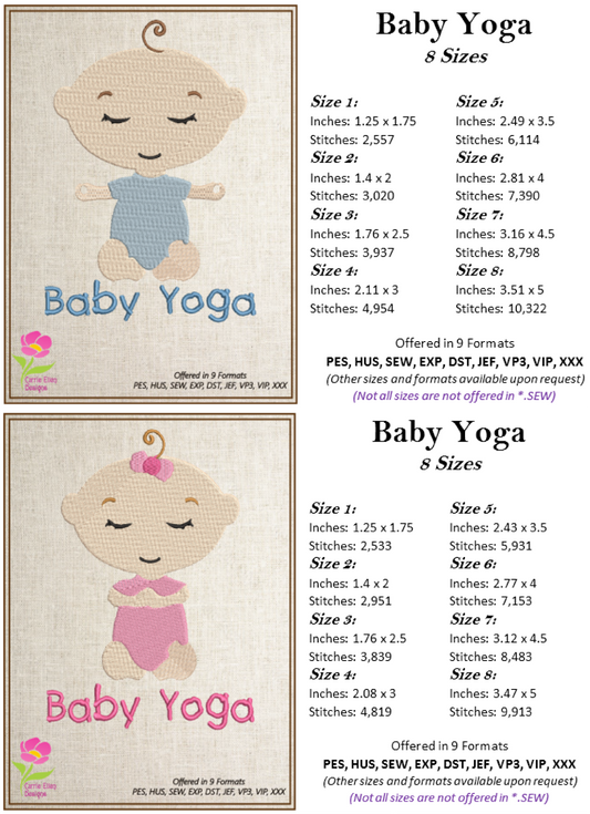 Yoga Machine Embroidery Design Bundle – 2 Cute Baby Yoga Pose Designs, Boy & Girl, 8 Sizes Each | Health & Fitness (0119)