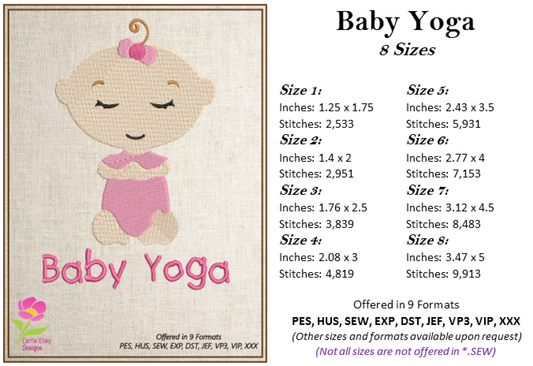 Baby Yoga Pose Machine Embroidery Design –  Cute Baby Girl Yoga Pose, 8 Sizes Each | Health & Fitness (3324)