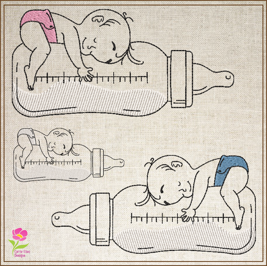 Baby with Bottle Machine Embroidery Design | Sleeping Baby Pattern | Milk Bottle Embroidery | 6 Sizes (0738)