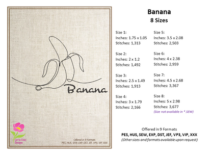 Banana Machine Embroidery Design Bundle – Fruit and Produce Patterns, Banana Bunches Embroidery, 4 Designs in 8 Sizes Each