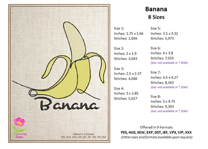 Banana Machine Embroidery Design Bundle – Fruit and Produce Patterns, Banana Bunches Embroidery, 4 Designs in 8 Sizes Each