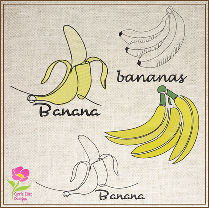Banana Machine Embroidery Design Bundle – Fruit and Produce Patterns, Banana Bunches Embroidery, 4 Designs in 8 Sizes Each