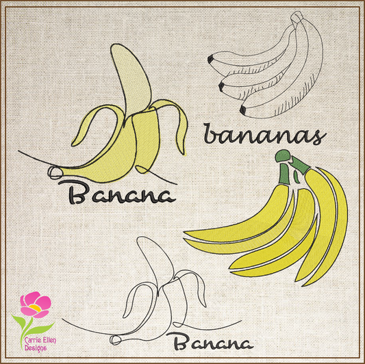 Banana Machine Embroidery Design Bundle – Fruit and Produce Patterns, Banana Bunches Embroidery, 4 Designs in 8 Sizes Each