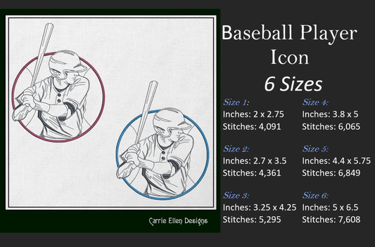 Baseball Player Line Art Machine Embroidery Design – Batter Up Sports Lover Outline – 6 Sizes (1550)