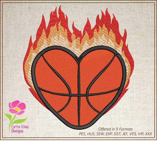 Basketball Machine Embroidery Design, Flaming Heart Basketball Embroidery, Sport Embroidery, Team Sport Design, 8 Sizes (0100)