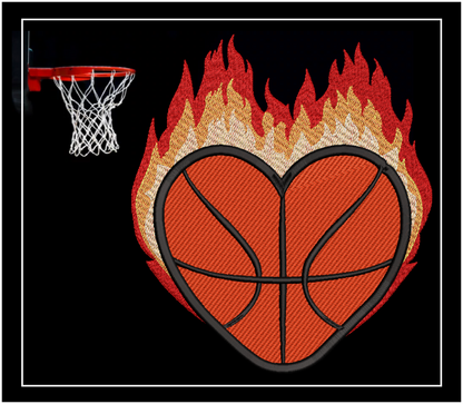 Basketball Machine Embroidery Design, Flaming Heart Basketball Embroidery, Sport Embroidery, Team Sport Design, 8 Sizes (0100)