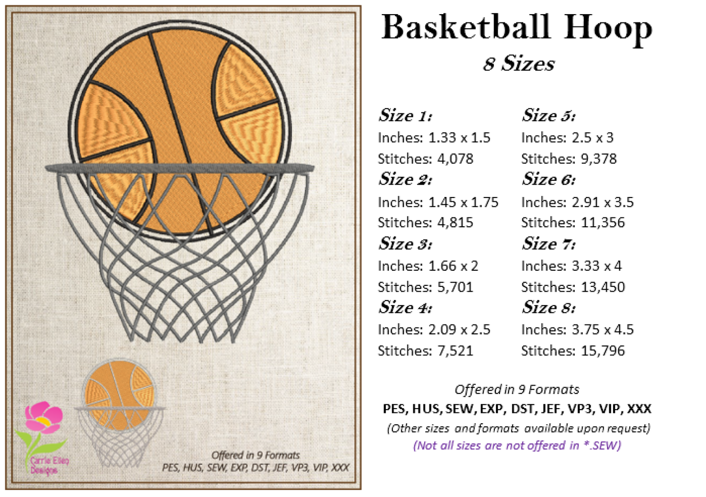 Basketball Machine Embroidery Design – Ball and Hoop, Nothing but Net Sports Embroidery Pattern, 8 Sizes (0476)