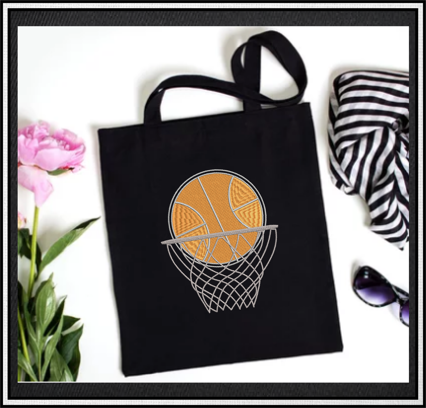 Basketball Machine Embroidery Design – Ball and Hoop, Nothing but Net Sports Embroidery Pattern, 8 Sizes (0476)