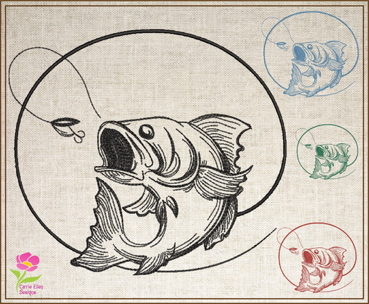 Bass Fishing Machine Embroidery Design | Wide Mouth Bass Sketch | Fishing Embroidery | 6 Sizes (0711)