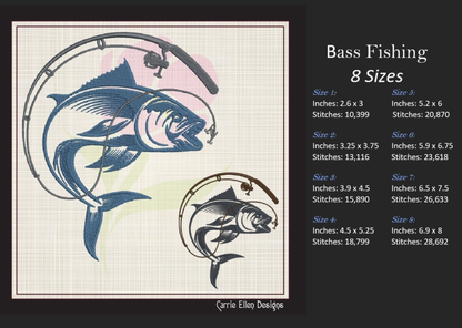 Fishing Embroidery Design – Fishing Pole and Wide Mouth Bass Machine Embroidery – Fishing Sketch Design – 8 Sizes (1121)
