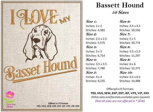 I Love My Bassett Hound Machine Embroidery Design – Pet Dog Pattern, Dog Lover, 10 Sizes (0512)
