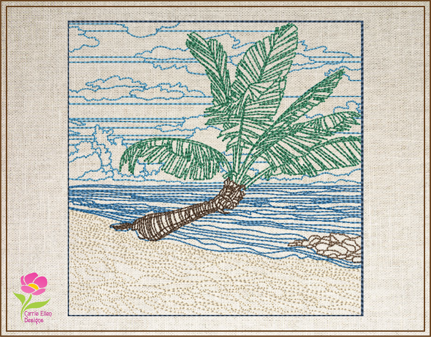 Beach Machine Embroidery Design – Palm Tree & Beach Scene, Tropical Paradise Pattern, 4 Sizes (0431)