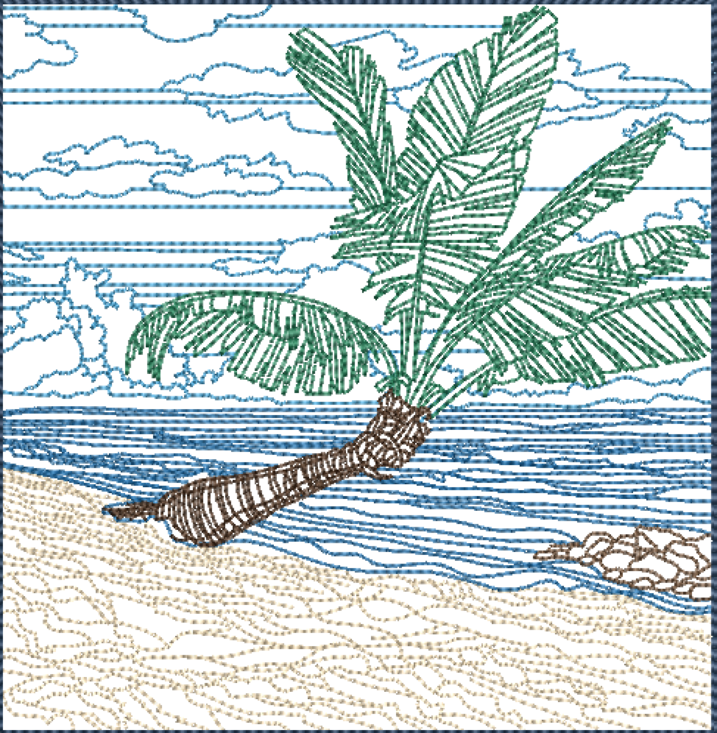 Beach Machine Embroidery Design – Palm Tree & Beach Scene, Tropical Paradise Pattern, 4 Sizes (0431)