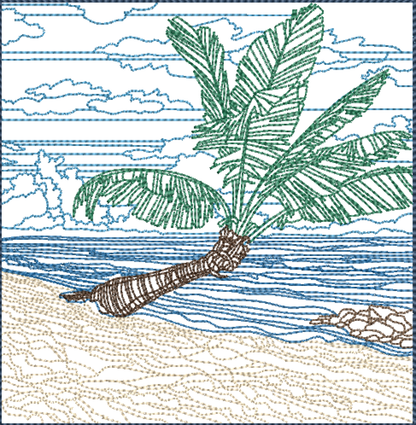 Beach Machine Embroidery Design – Palm Tree & Beach Scene, Tropical Paradise Pattern, 4 Sizes (0431)