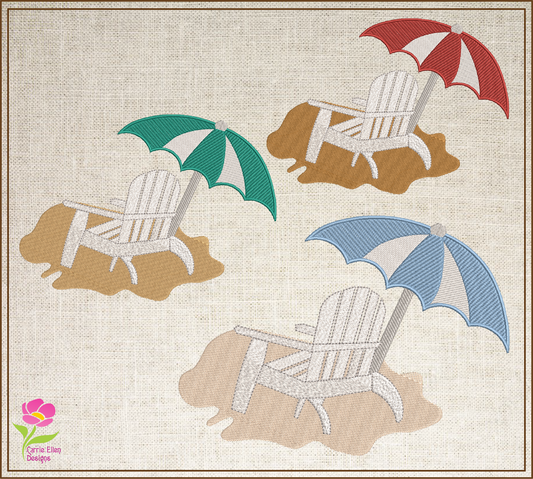 Beach Chair and Umbrella Machine Embroidery Design – Summer Vacation Beach Scene Pattern, 10 Sizes (0535)