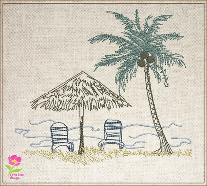 Beach Scene Machine Embroidery Design – Summer Chair & Tropical Palm Tree Pattern, 8 Sizes (0537)