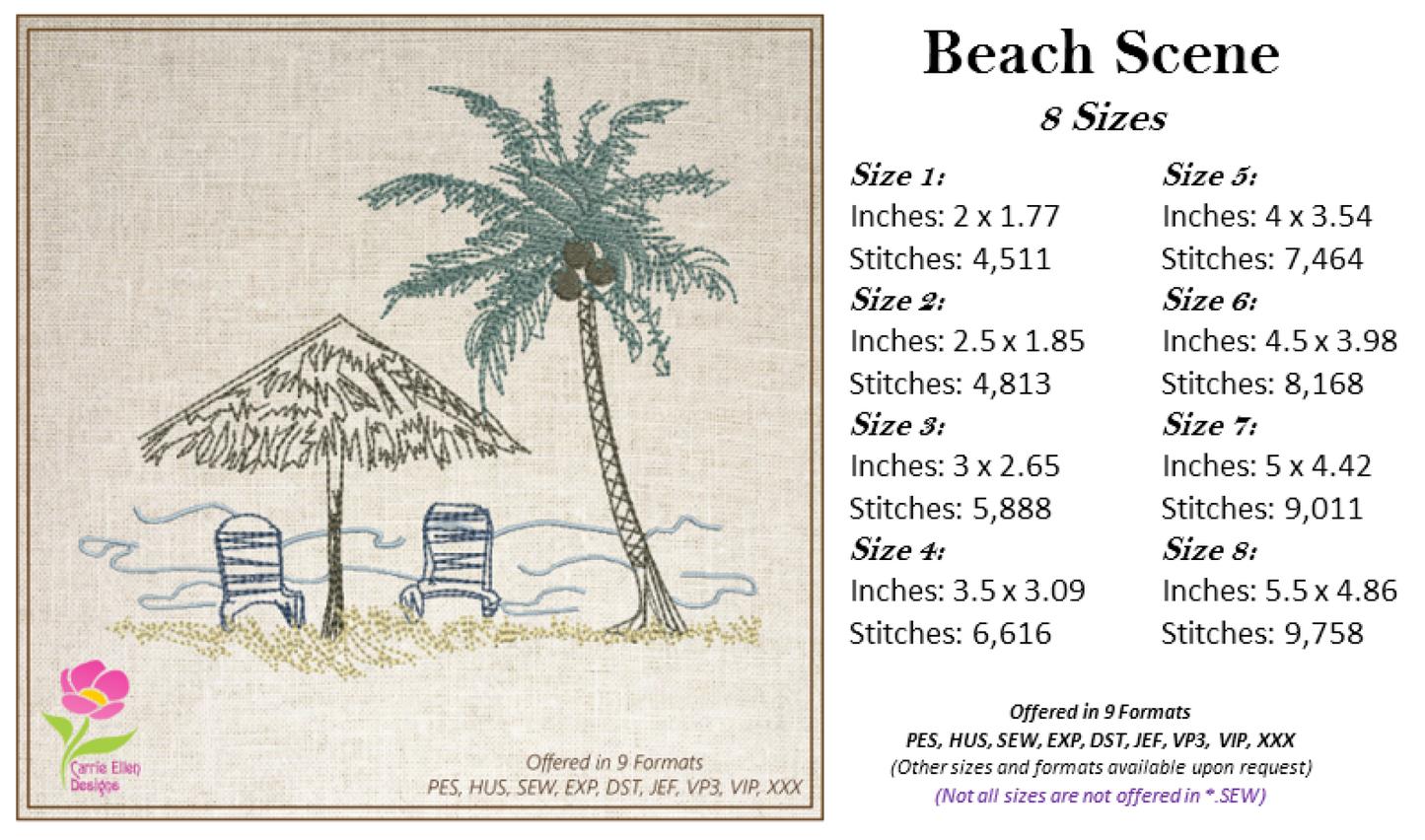 Beach Scene Machine Embroidery Design – Summer Chair & Tropical Palm Tree Pattern, 8 Sizes (0537)