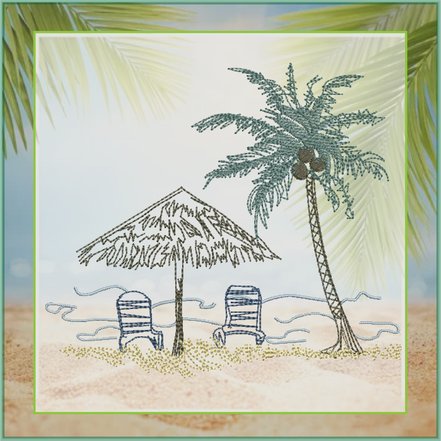 Beach Scene Machine Embroidery Design – Summer Chair & Tropical Palm Tree Pattern, 8 Sizes (0537)