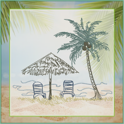 Beach Scene Machine Embroidery Design – Summer Chair & Tropical Palm Tree Pattern, 8 Sizes (0537)
