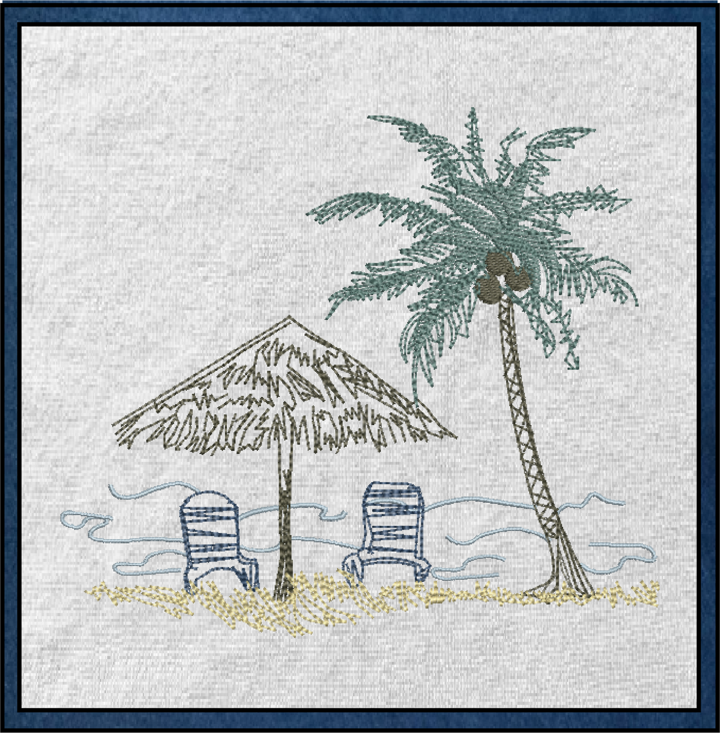 Beach Scene Machine Embroidery Design – Summer Chair & Tropical Palm Tree Pattern, 8 Sizes (0537)